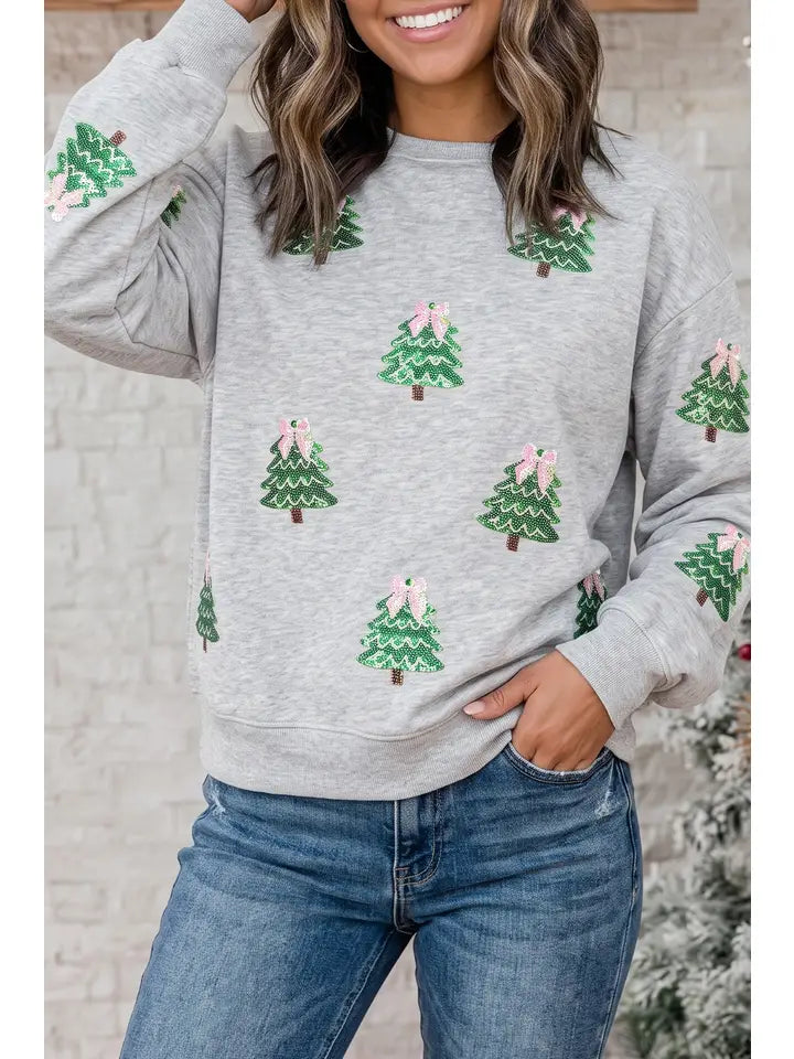 Sequined Christmas Tree Patched Patterned Pullover Sweatshirt