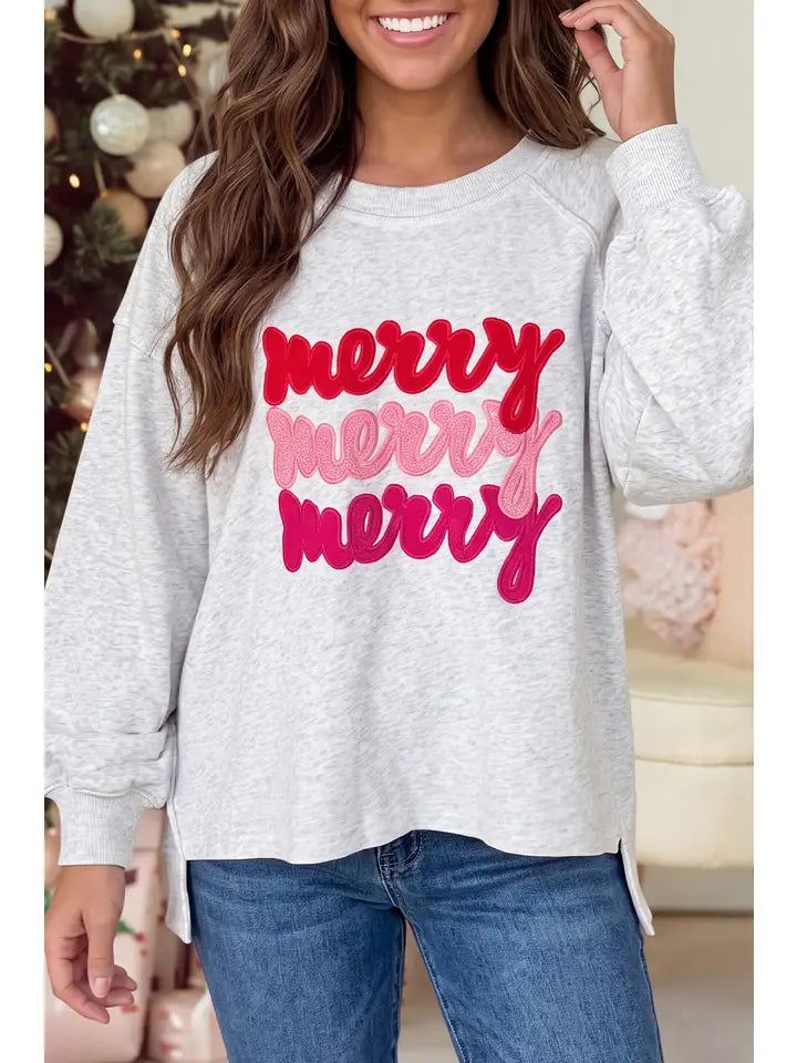 Sequin Embroidered Merry Relaxed Pullover Sweatshirt