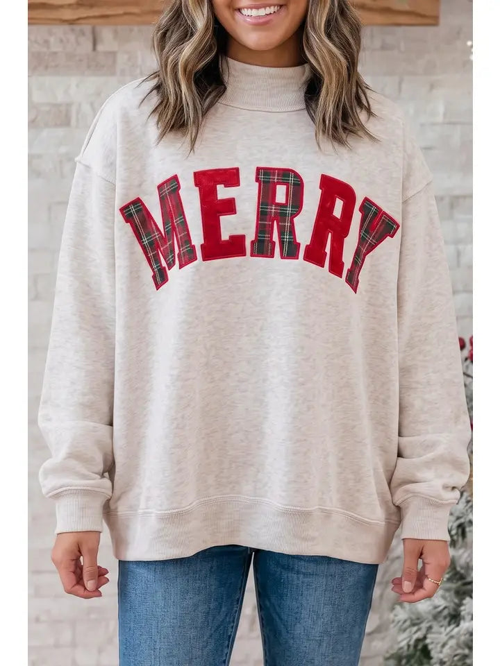 Merry Letter Oversized Christmas Mock Neck Sweatshirt